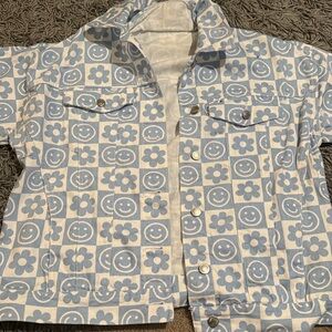 Flower/Smiley Pattern Denim Jacket